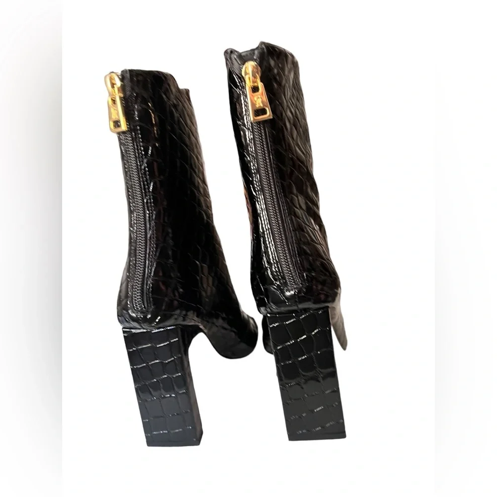 Good American Black Croc Embossed‎ Square Toe Mid-Calf Boots Size 6